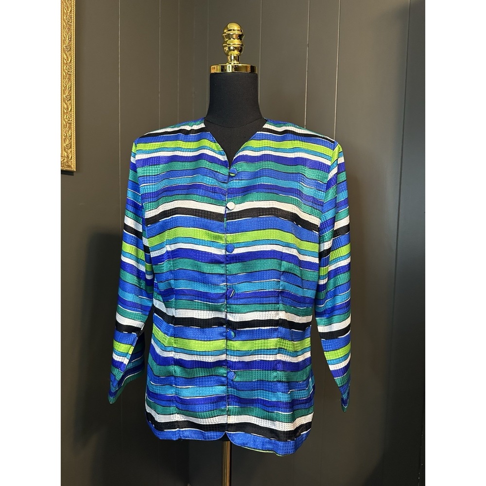 Lá Chine Classic Vintage 80s? Blue Green Striped Blouse‎ Shoulder Pads 8